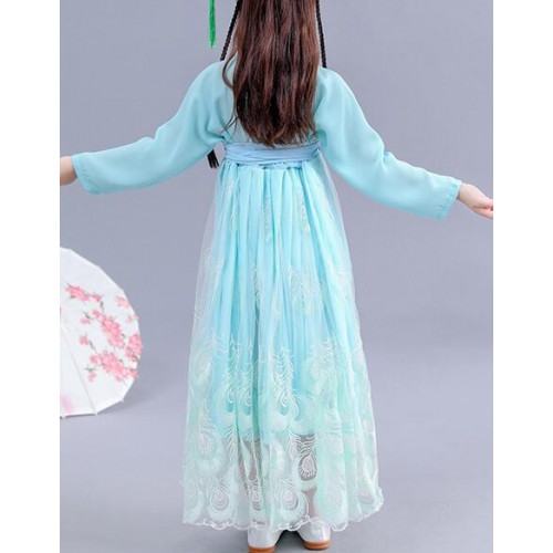 Hanfu Girls blue chinese folk dance costumes fiary cosplay dress kids children ancient traditional stage performance dress